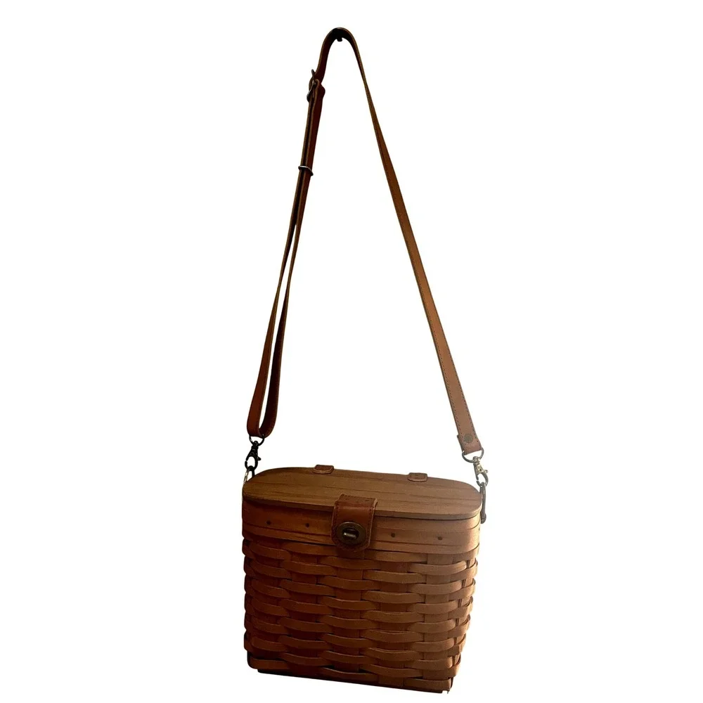 Longaberger 1997 Handwoven Basket Purse Wood Lid Leather Strap Crossbody Bag - Picture 4 of 11